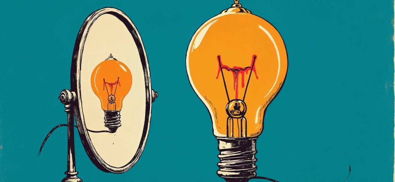 Stylized illustration of a glowing orange light bulb admiring its own reflection in an oval vanity mirror on a teal background.