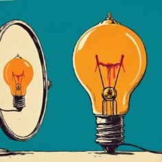 Stylized illustration of a glowing orange light bulb admiring its own reflection in an oval vanity mirror on a teal background.