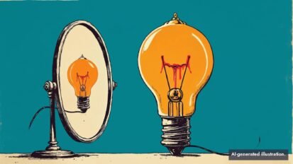 Stylized illustration of a glowing orange light bulb admiring its own reflection in an oval vanity mirror on a teal background.