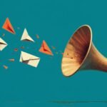 Stylized illustration of an antique brass ear trumpet on a stand, its wide mouth taking in a stream of paper airplanes and envelopes flying toward it, several in red and orange, on a teal background.
