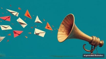 Stylized illustration of an antique brass ear trumpet on a stand, its wide mouth taking in a stream of paper airplanes and envelopes flying toward it, several in red and orange, on a teal background.