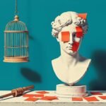 Stylized illustration of a white plaster bust covered in blank red sticky notes, beside an empty birdcage and a sculptor's tool on a table.