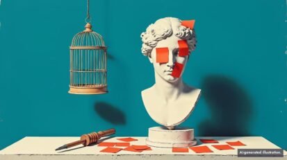 Stylized illustration of a white plaster bust covered in blank red sticky notes, beside an empty birdcage and a sculptor's tool on a table.