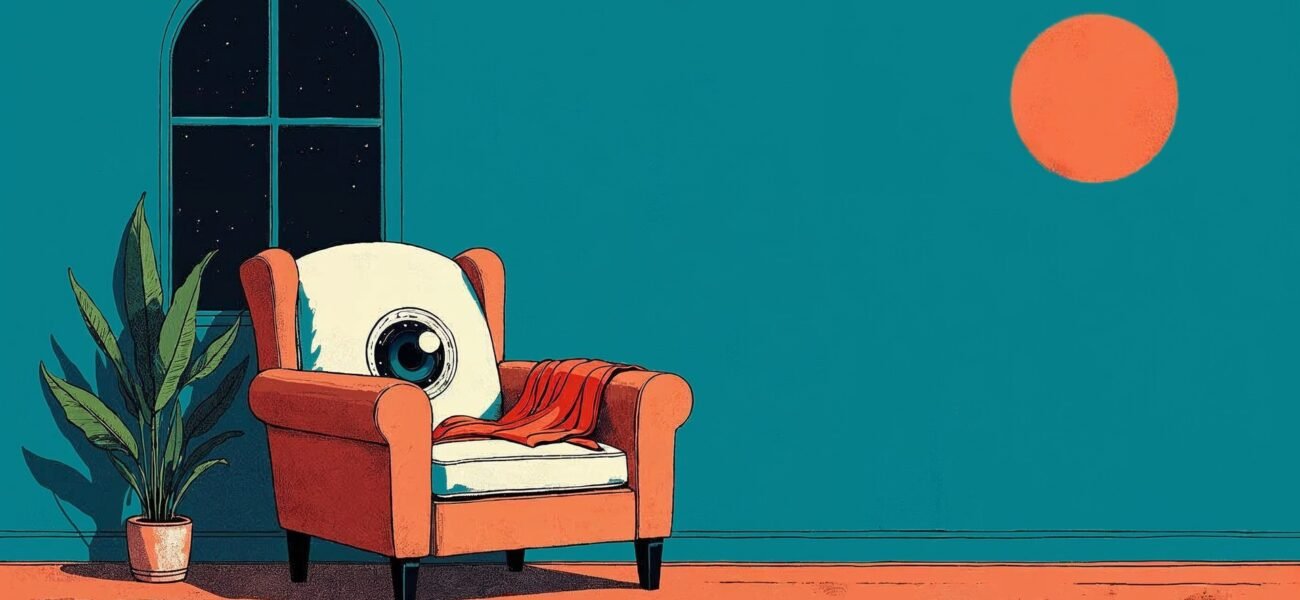 Stylized illustration of a red armchair by a window with a single camera eye in its backrest, watching the viewer, beside a houseplant on a teal background.