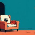 Stylized illustration of a red armchair by a window with a single camera eye in its backrest, watching the viewer, beside a houseplant on a teal background.