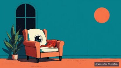 Stylized illustration of a red armchair by a window with a single camera eye in its backrest, watching the viewer, beside a houseplant on a teal background.