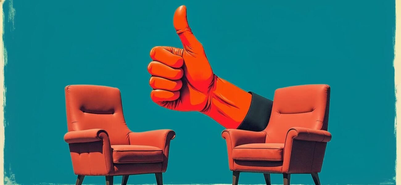 Stylized illustration of two identical red armchairs with a giant red foam thumbs-up rising between them, approving both, on a teal background.