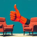 Stylized illustration of two identical red armchairs with a giant red foam thumbs-up rising between them, approving both, on a teal background.