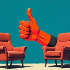 Stylized illustration of two identical red armchairs with a giant red foam thumbs-up rising between them, approving both, on a teal background.