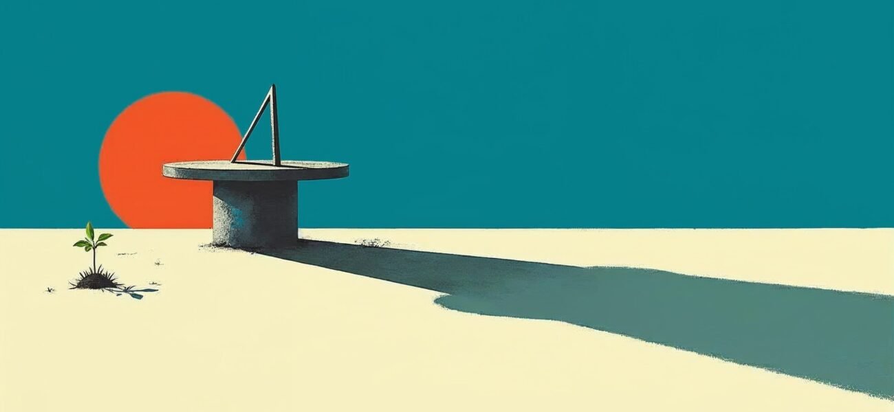 Stylized illustration of a stone sundial under a low red sun on the left, its long dramatic shadow stretching far across cream ground to the right, a small seedling sprouting nearby on a teal background.