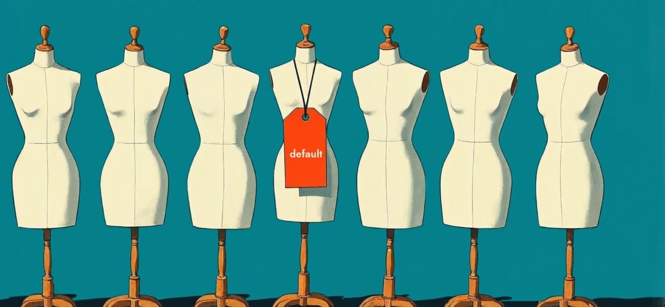 Stylized illustration of seven identical dress forms in a row, the middle one tagged with a red label reading default.