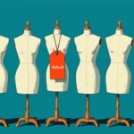 Stylized illustration of seven identical dress forms in a row, the middle one tagged with a red label reading default.