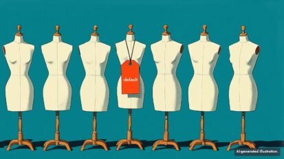 Stylized illustration of seven identical dress forms in a row, the middle one tagged with a red label reading default.