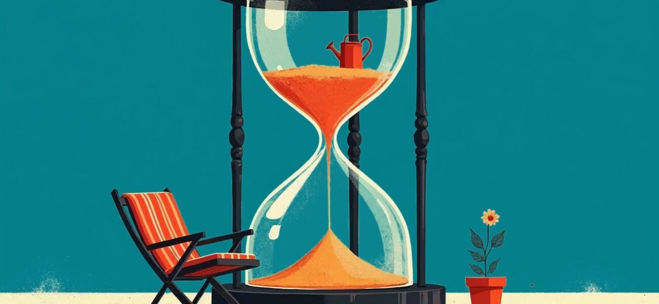 Stylized illustration of a giant hourglass with a tiny watering can inside, beside a striped deck chair and a potted flower on a teal background.