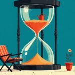 Stylized illustration of a giant hourglass with a tiny watering can inside, beside a striped deck chair and a potted flower on a teal background.