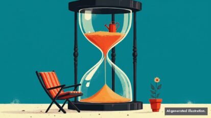 Stylized illustration of a giant hourglass with a tiny watering can inside, beside a striped deck chair and a potted flower on a teal background.
