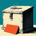 Stylized illustration of an empty white suggestion box with a cobweb across its slot and one blank red card leaning against it on a teal background.