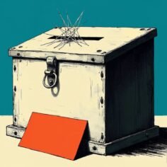 Stylized illustration of an empty white suggestion box with a cobweb across its slot and one blank red card leaning against it on a teal background.