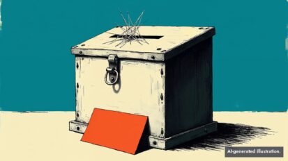 Stylized illustration of an empty white suggestion box with a cobweb across its slot and one blank red card leaning against it on a teal background.