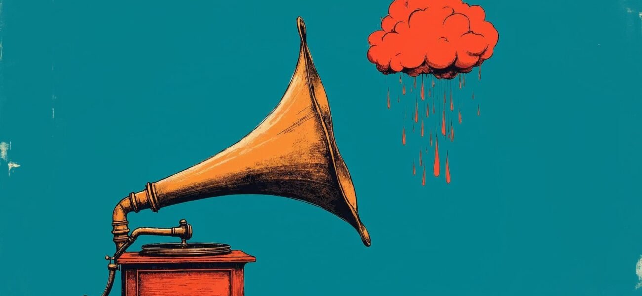 Stylized illustration of an antique gramophone with a red rain cloud raining into its brass horn on a teal background.