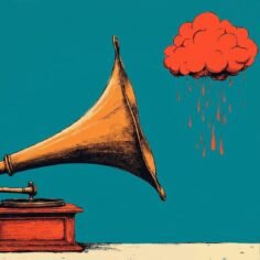 Stylized illustration of an antique gramophone with a red rain cloud raining into its brass horn on a teal background.