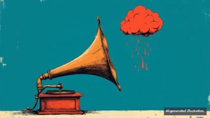 Stylized illustration of an antique gramophone with a red rain cloud raining into its brass horn on a teal background.