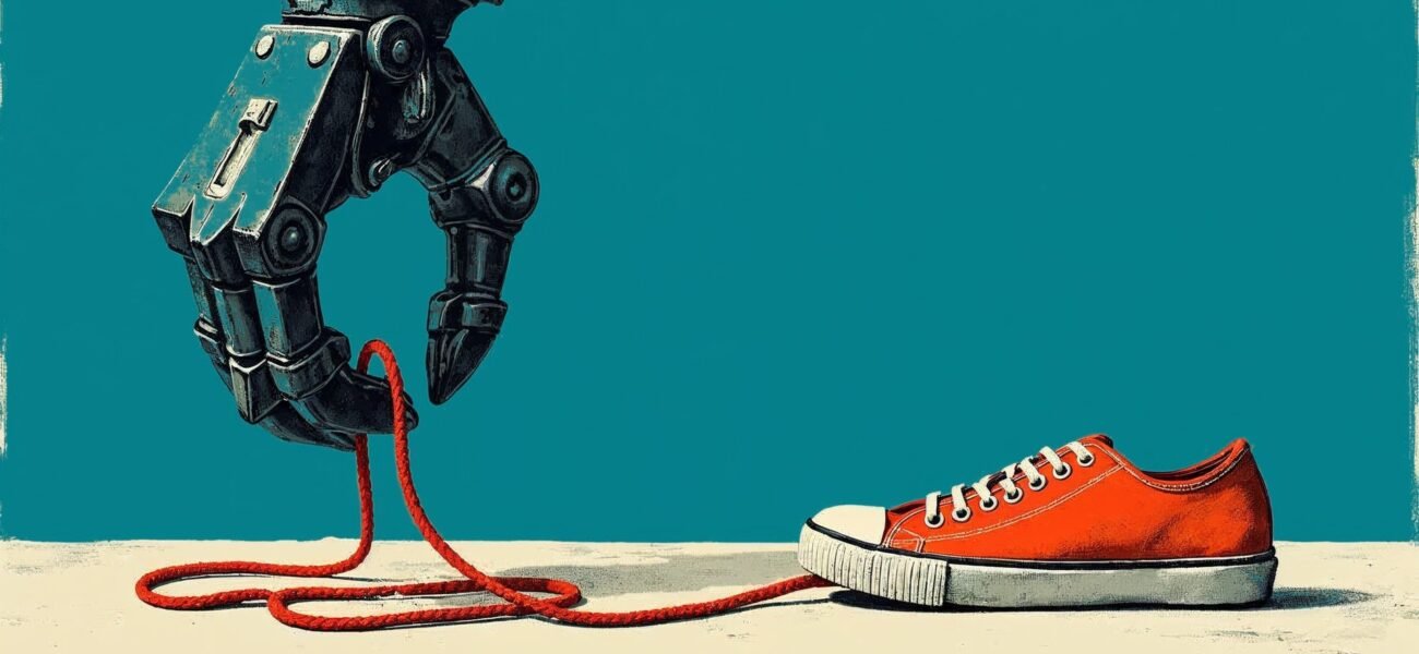 Stylized illustration of a heavy black robot claw holding a hopelessly tangled red shoelace next to a small red sneaker on a teal background.