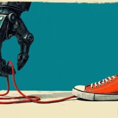 Stylized illustration of a heavy black robot claw holding a hopelessly tangled red shoelace next to a small red sneaker on a teal background.