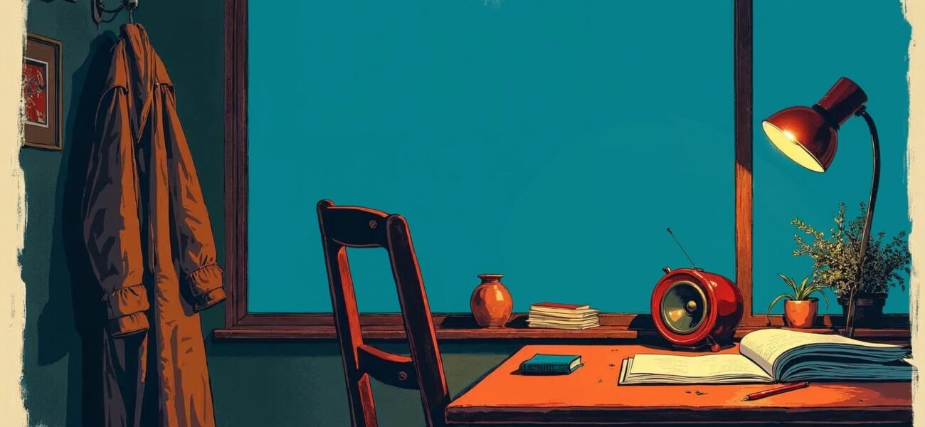 Stylized illustration of an empty editor's chair with a coat draped over it beside a desk with manuscript pages, a red pencil and a small glowing speaker, in quiet teal evening light.