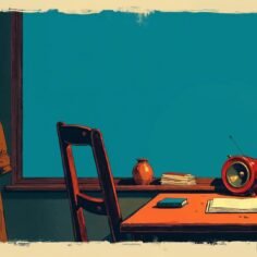 Stylized illustration of an empty editor's chair with a coat draped over it beside a desk with manuscript pages, a red pencil and a small glowing speaker, in quiet teal evening light.