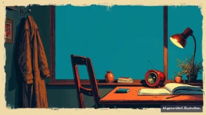 Stylized illustration of an empty editor's chair with a coat draped over it beside a desk with manuscript pages, a red pencil and a small glowing speaker, in quiet teal evening light.