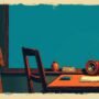 Temperament Stylized illustration of an empty editor's chair with a coat draped over it beside a desk with manuscript pages, a red pencil and a small glowing speaker, in quiet teal evening light.