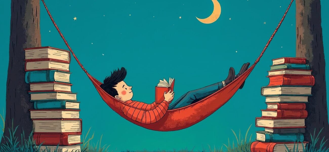 Stylized illustration of a cartoon person in a red striped sweater reading a book in a red hammock between two tall stacks of books and two tree trunks under a crescent moon on a teal night sky.
