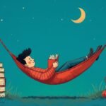 Stylized illustration of a cartoon person in a red striped sweater reading a book in a red hammock between two tall stacks of books and two tree trunks under a crescent moon on a teal night sky.