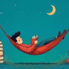 Stylized illustration of a cartoon person in a red striped sweater reading a book in a red hammock between two tall stacks of books and two tree trunks under a crescent moon on a teal night sky.