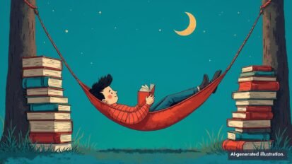 Stylized illustration of a cartoon person in a red striped sweater reading a book in a red hammock between two tall stacks of books and two tree trunks under a crescent moon on a teal night sky.