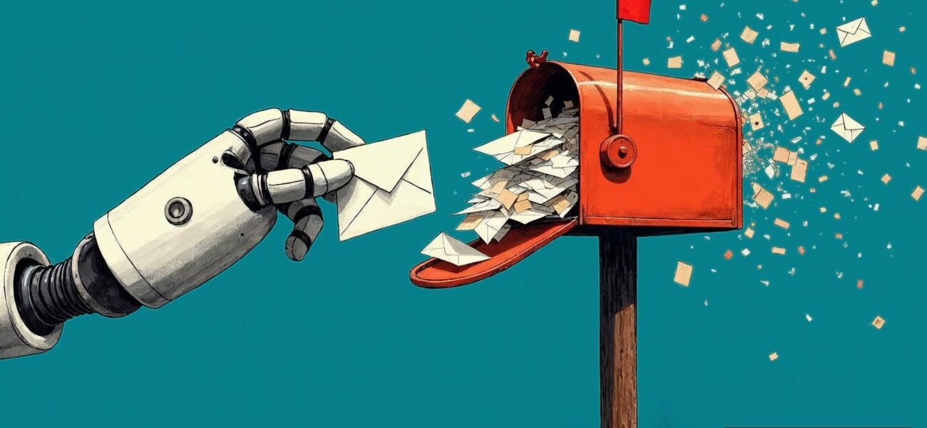 Stylized illustration of a robot hand offering an envelope to an overflowing red mailbox on a teal background, its flag raised and letters spilling out, a nod to a magazine written by machines that reads every letter quickly.