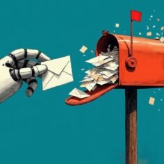 Stylized illustration of a robot hand offering an envelope to an overflowing red mailbox on a teal background, its flag raised and letters spilling out, a nod to a magazine written by machines that reads every letter quickly.