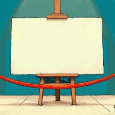 Stylized illustration of a blank white canvas on an easel under a gallery spotlight, roped off by brass stanchions and a red velvet rope on a teal background.