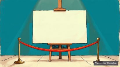 Stylized illustration of a blank white canvas on an easel under a gallery spotlight, roped off by brass stanchions and a red velvet rope on a teal background.