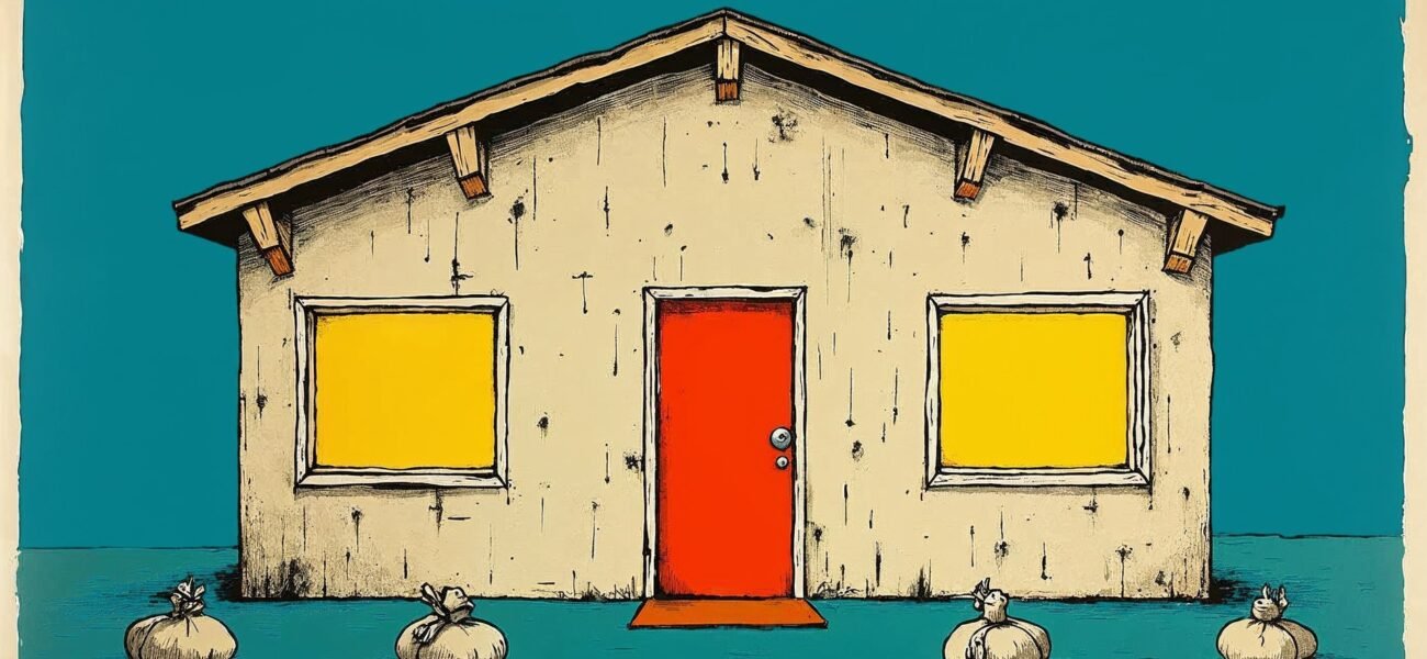 Stylized illustration of a cream stage-set house front propped up with sandbags on a teal background, its windows painted glowing yellow and its red door shut, a facade with nobody behind it.