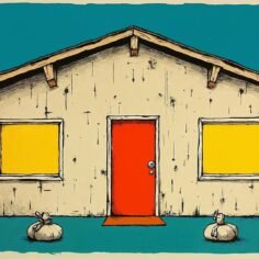 Stylized illustration of a cream stage-set house front propped up with sandbags on a teal background, its windows painted glowing yellow and its red door shut, a facade with nobody behind it.
