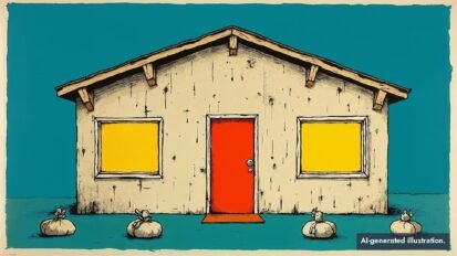 Stylized illustration of a cream stage-set house front propped up with sandbags on a teal background, its windows painted glowing yellow and its red door shut, a facade with nobody behind it.