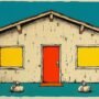The Lights Are On, and Nobody Is Answering the Door Stylized illustration of a cream stage-set house front propped up with sandbags on a teal background, its windows painted glowing yellow and its red door shut, a facade with nobody behind it.
