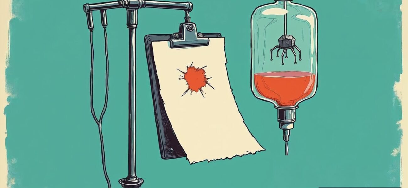 Stylized illustration of a bacteriophage virus floating in a hospital IV drip bag beside a clipboard of blank medical records with a red hole torn through the pages.