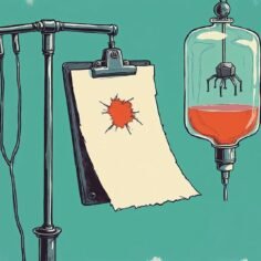 Stylized illustration of a bacteriophage virus floating in a hospital IV drip bag beside a clipboard of blank medical records with a red hole torn through the pages.