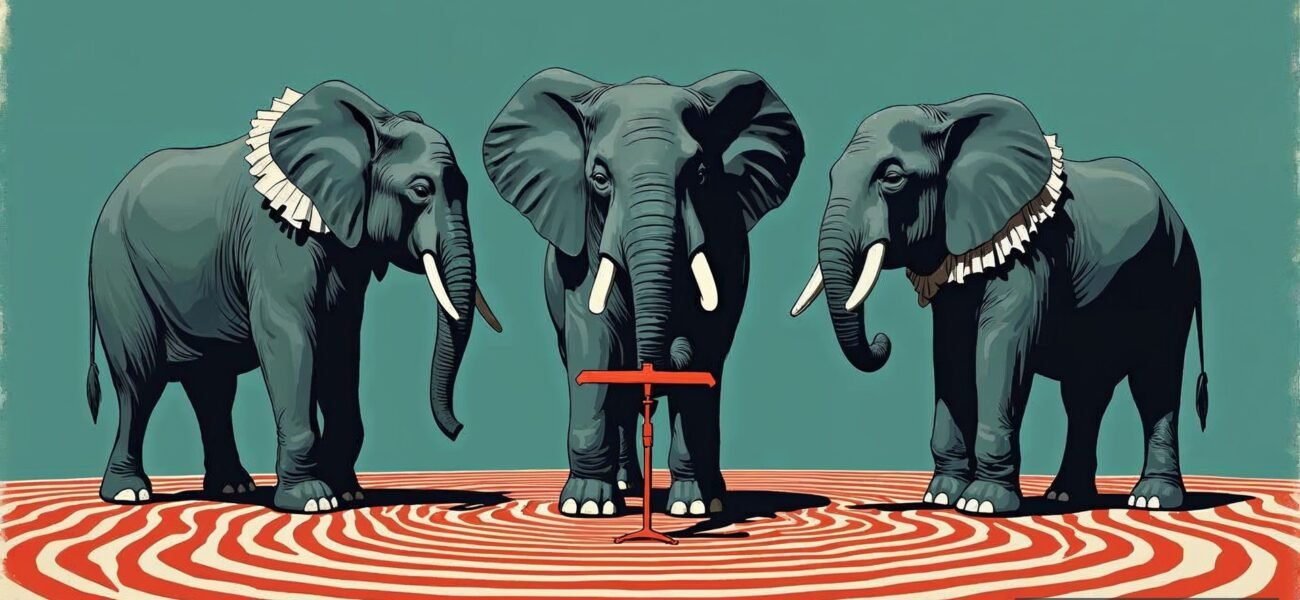 Stylized illustration of three elephants in white choir collars standing with trunks lowered as red sound wave rings ripple through the ground beneath them.