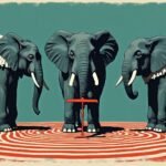 Stylized illustration of three elephants in white choir collars standing with trunks lowered as red sound wave rings ripple through the ground beneath them.