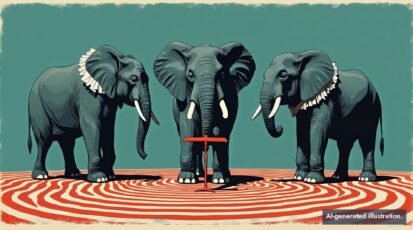 Stylized illustration of three elephants in white choir collars standing with trunks lowered as red sound wave rings ripple through the ground beneath them.