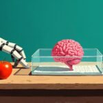 Stylized illustration of a small pink clump of brain tissue in a glass dish on a school desk while a robot arm touches a plate of raised dots beside a red apple.